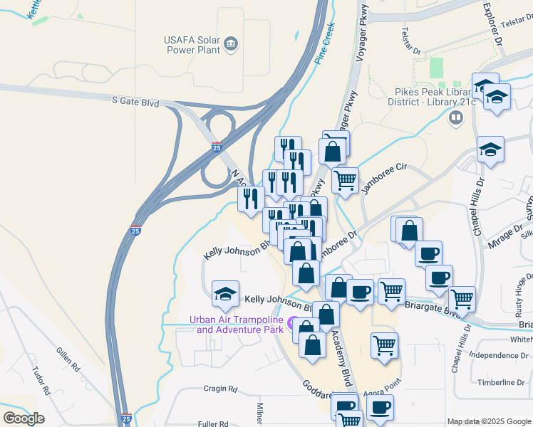 map of restaurants, bars, coffee shops, grocery stores, and more near 8108 North Academy Boulevard in Colorado Springs