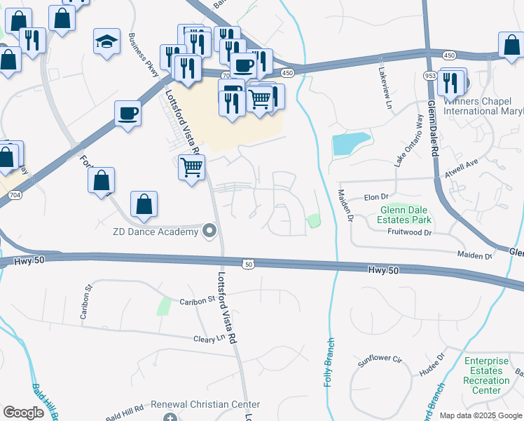 map of restaurants, bars, coffee shops, grocery stores, and more near 4105 Windflower Way in Bowie