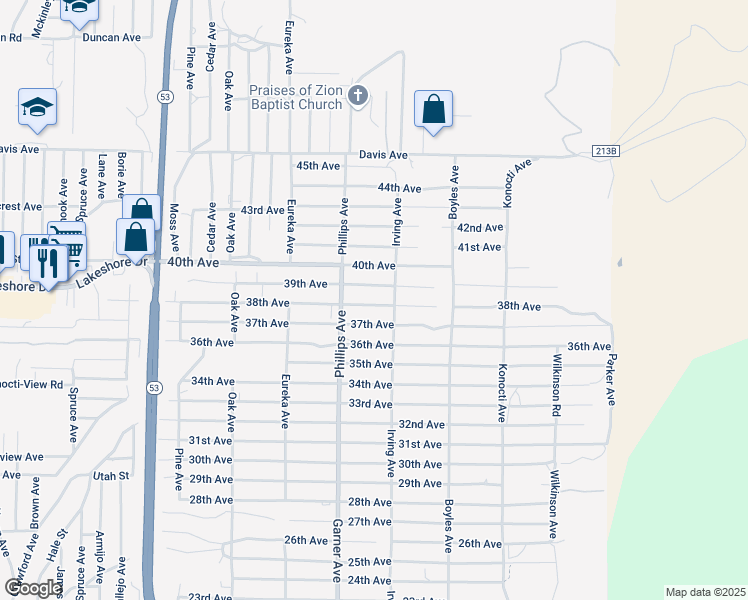 map of restaurants, bars, coffee shops, grocery stores, and more near 15964 38th Avenue in Clearlake