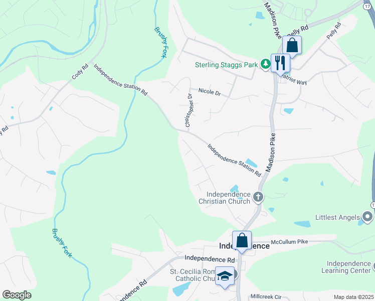 map of restaurants, bars, coffee shops, grocery stores, and more near 121 Carrie Way in Independence