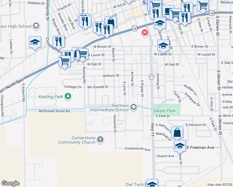 map of restaurants, bars, coffee shops, grocery stores, and more near 822 South Lynn Street in Seymour
