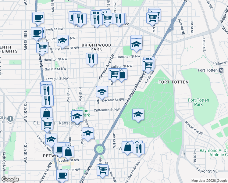 map of restaurants, bars, coffee shops, grocery stores, and more near 4825 4th Street Northwest in Washington