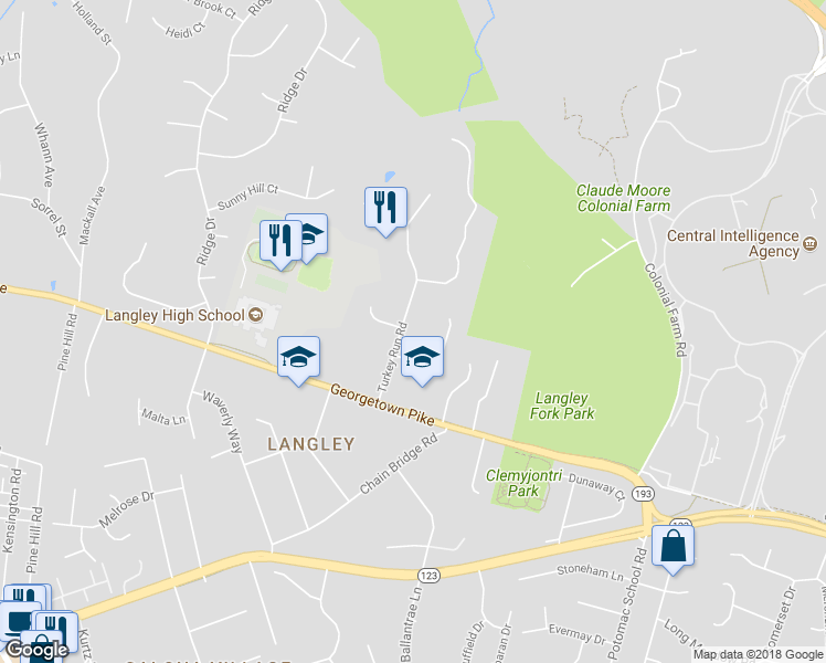map of restaurants, bars, coffee shops, grocery stores, and more near 1005 Turkey Run Road in McLean