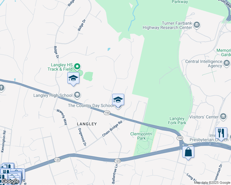 map of restaurants, bars, coffee shops, grocery stores, and more near 1005 Turkey Run Road in McLean