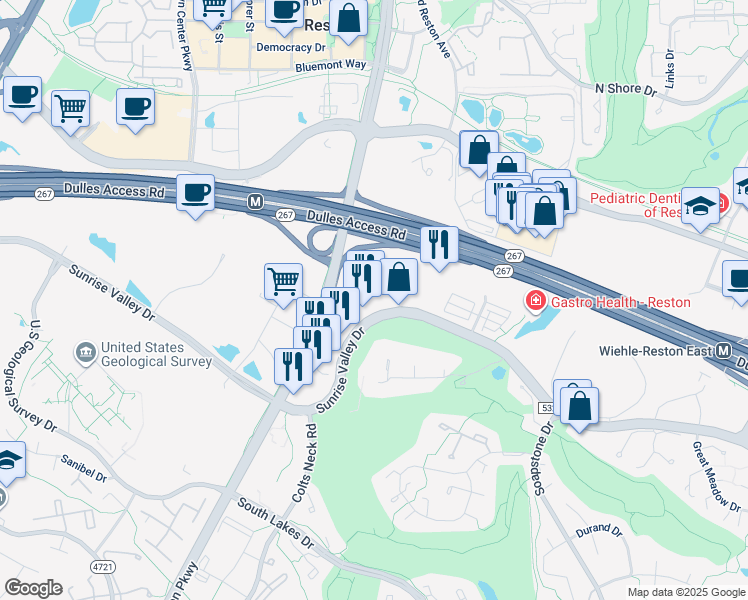 map of restaurants, bars, coffee shops, grocery stores, and more near 11800 Sunrise Valley Drive in Reston