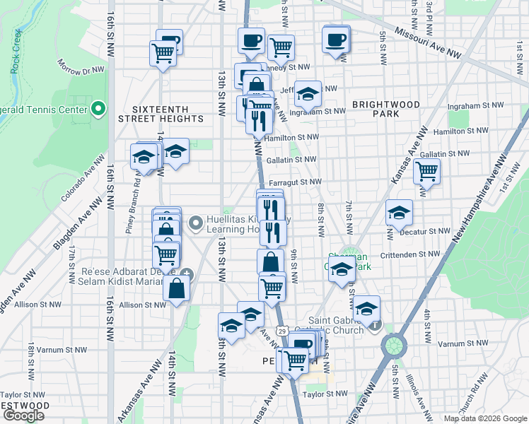 map of restaurants, bars, coffee shops, grocery stores, and more near Georgia Avenue Northwest in Washington