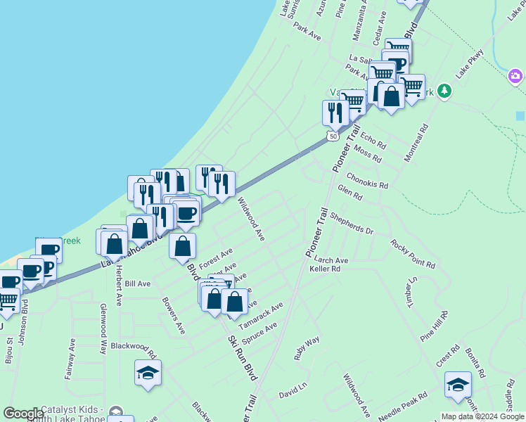 map of restaurants, bars, coffee shops, grocery stores, and more near 3775 Paradise Avenue in South Lake Tahoe