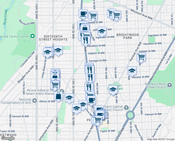 map of restaurants, bars, coffee shops, grocery stores, and more near Georgia Avenue Northwest in Washington