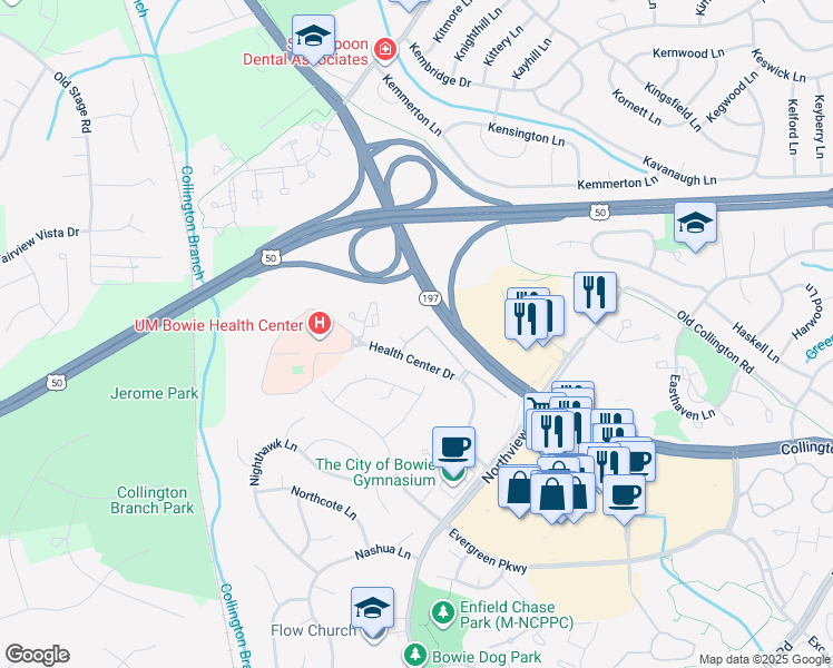 map of restaurants, bars, coffee shops, grocery stores, and more near 14909 Health Center Drive in Bowie