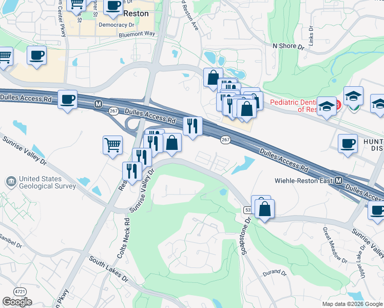 map of restaurants, bars, coffee shops, grocery stores, and more near 11760 Sunrise Valley Drive in Reston