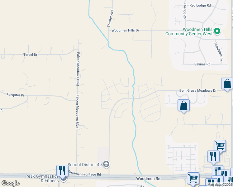 map of restaurants, bars, coffee shops, grocery stores, and more near 8115 Falcon Meadows Boulevard in Peyton