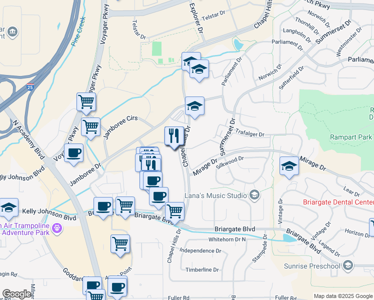 map of restaurants, bars, coffee shops, grocery stores, and more near 1520 Chapel Hills Drive in Colorado Springs