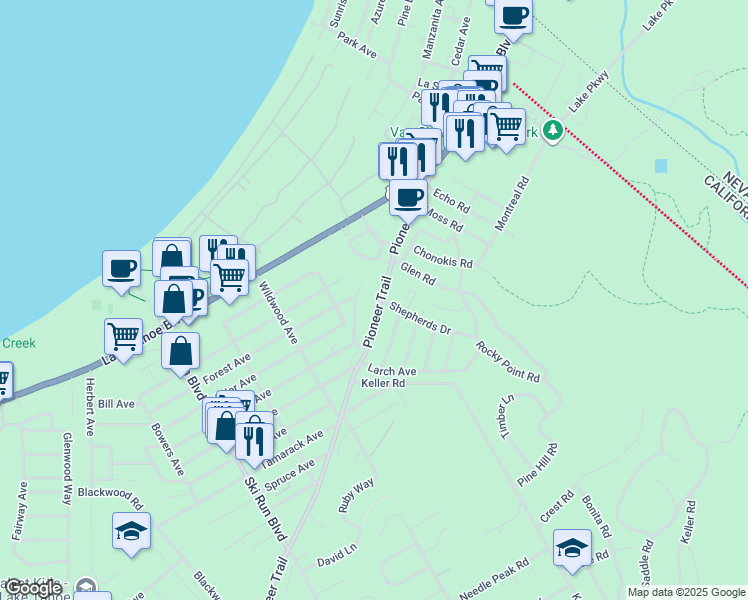 map of restaurants, bars, coffee shops, grocery stores, and more near 1077 Aspenwald Road in South Lake Tahoe
