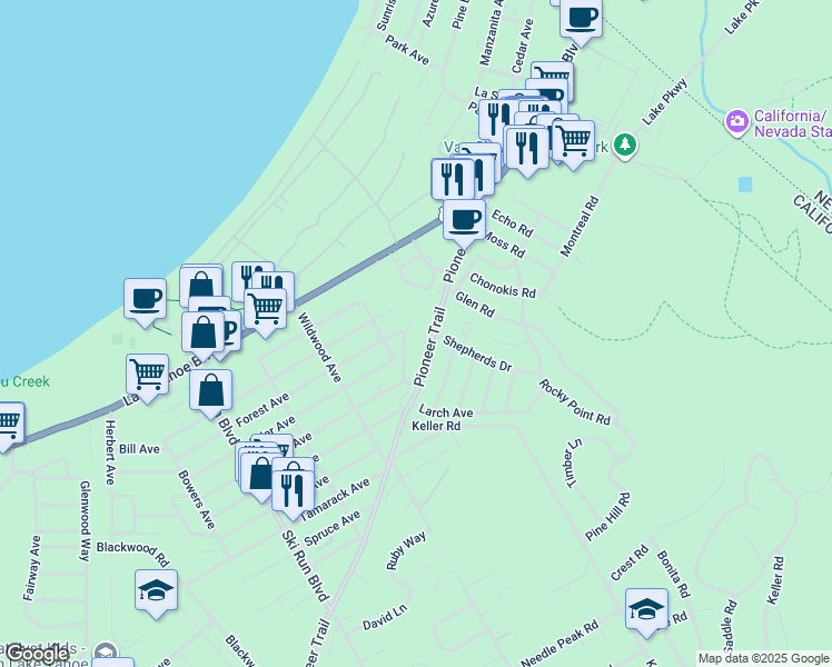 map of restaurants, bars, coffee shops, grocery stores, and more near 1077 Aspenwald Road in South Lake Tahoe