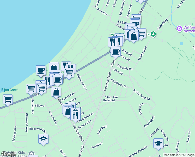map of restaurants, bars, coffee shops, grocery stores, and more near 3796 Forest Avenue in South Lake Tahoe