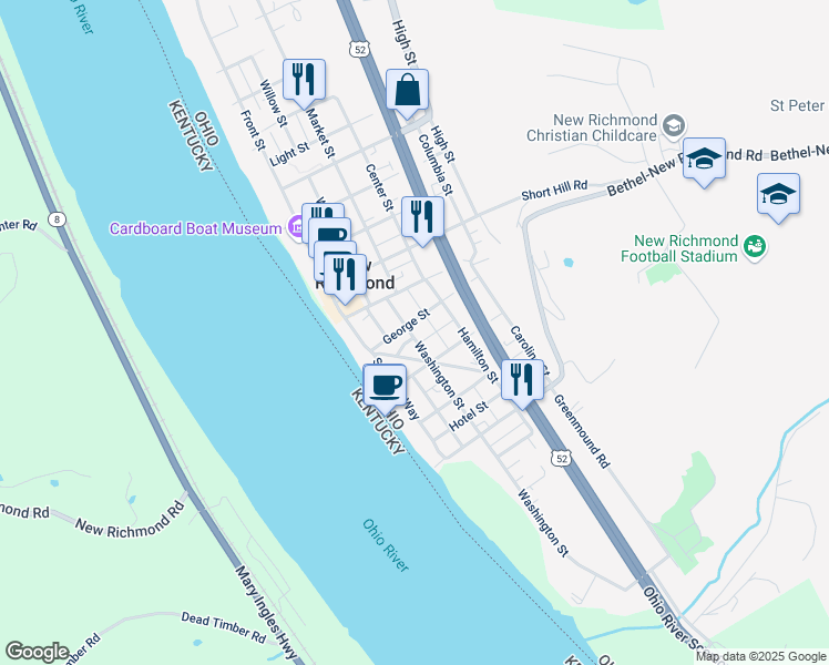 map of restaurants, bars, coffee shops, grocery stores, and more near in New Richmond