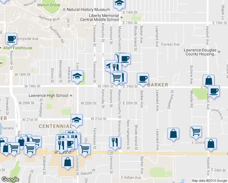 map of restaurants, bars, coffee shops, grocery stores, and more near 1929 Massachusetts Street in Lawrence