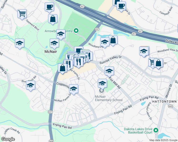 map of restaurants, bars, coffee shops, grocery stores, and more near 2427 Corn Crib Court in Herndon