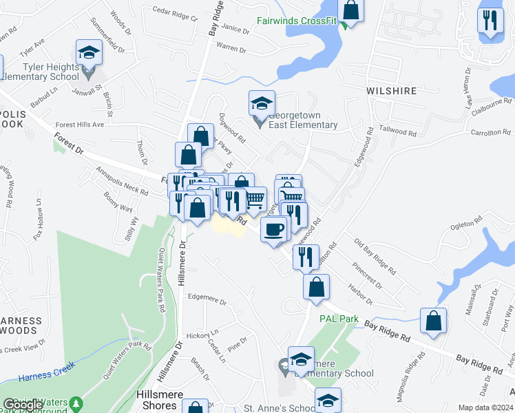 map of restaurants, bars, coffee shops, grocery stores, and more near 3 Georgetown Court in Annapolis