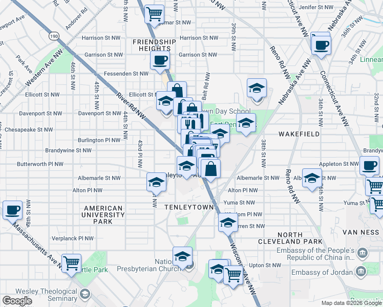 map of restaurants, bars, coffee shops, grocery stores, and more near 4560 Wisconsin Avenue Northwest in Washington