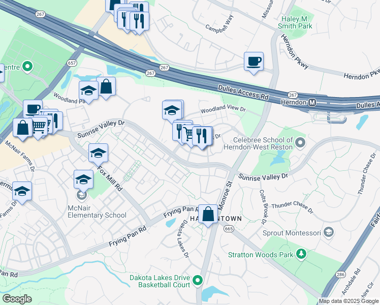 map of restaurants, bars, coffee shops, grocery stores, and more near Woodland Crossing Drive in Herndon