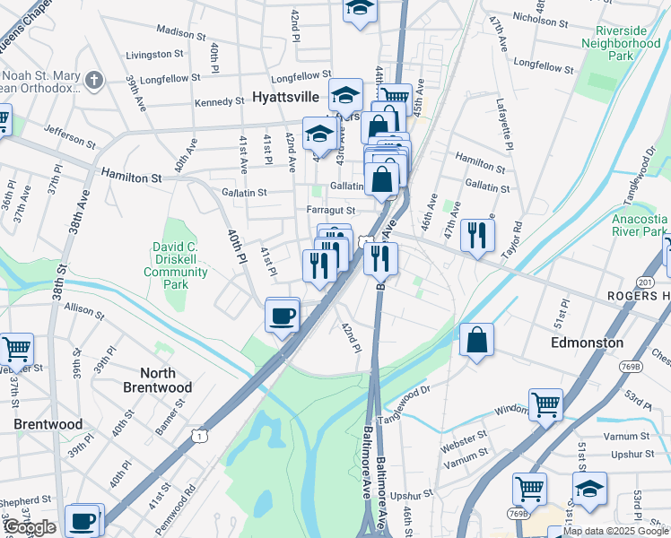 map of restaurants, bars, coffee shops, grocery stores, and more near 101 Independence Avenue Southeast in Washington