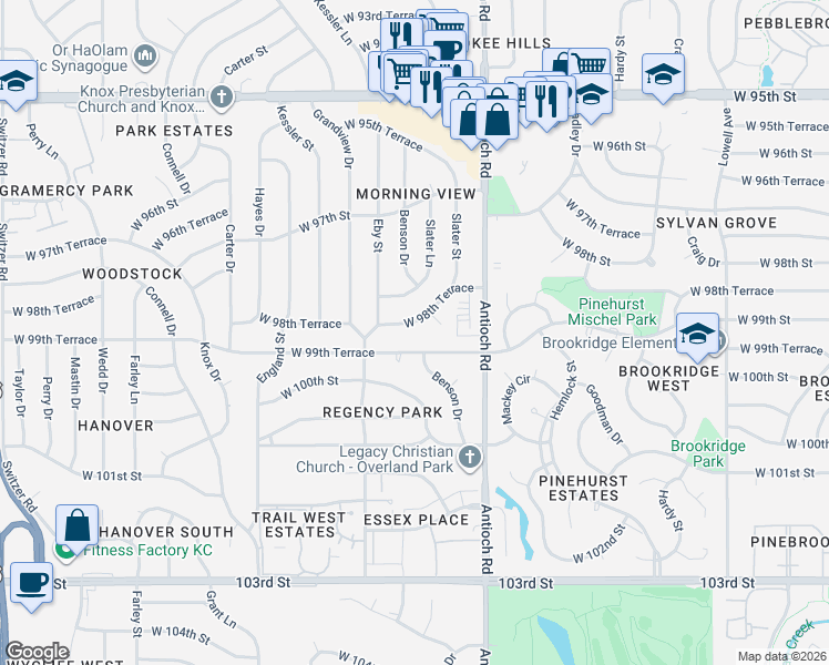 map of restaurants, bars, coffee shops, grocery stores, and more near 8914 West 99th Terrace in Overland Park