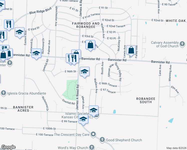 map of restaurants, bars, coffee shops, grocery stores, and more near 9617 Wallace Avenue in Kansas City