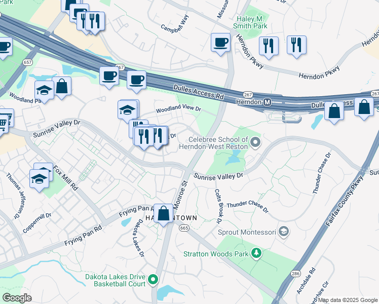 map of restaurants, bars, coffee shops, grocery stores, and more near 12925 Centre Park Circle in Herndon