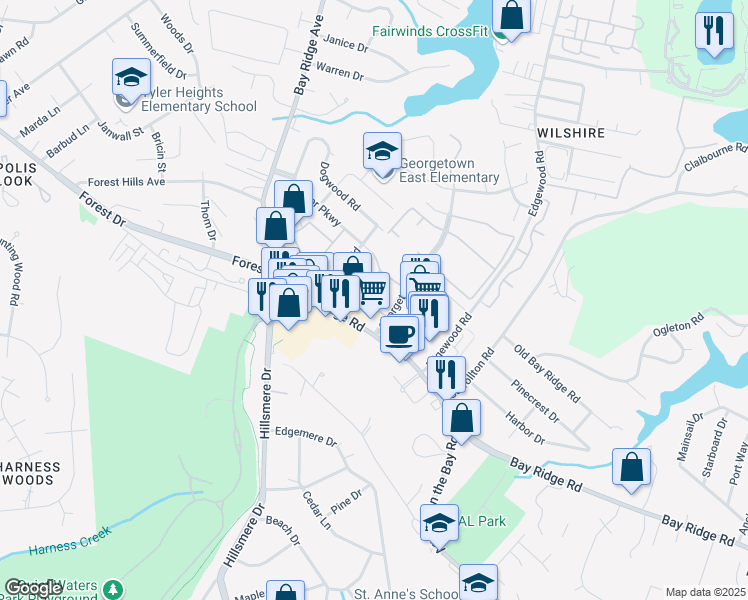 map of restaurants, bars, coffee shops, grocery stores, and more near 1 Georgetown Court in Annapolis