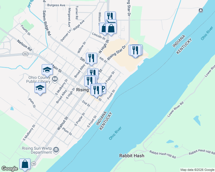 map of restaurants, bars, coffee shops, grocery stores, and more near 201 North Front Street in Rising Sun