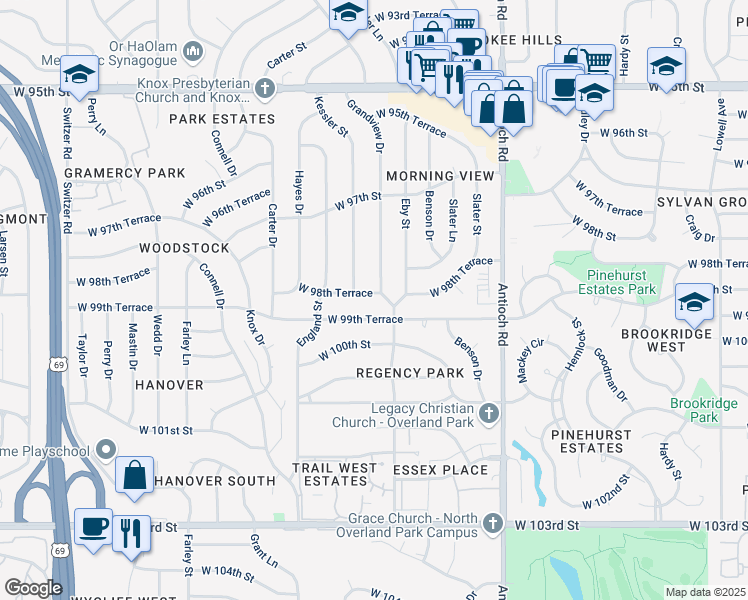 map of restaurants, bars, coffee shops, grocery stores, and more near 9114 West 99th Terrace in Overland Park