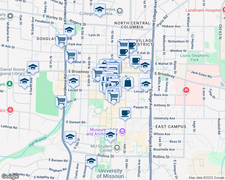 map of restaurants, bars, coffee shops, grocery stores, and more near 915 Locust Street in Columbia
