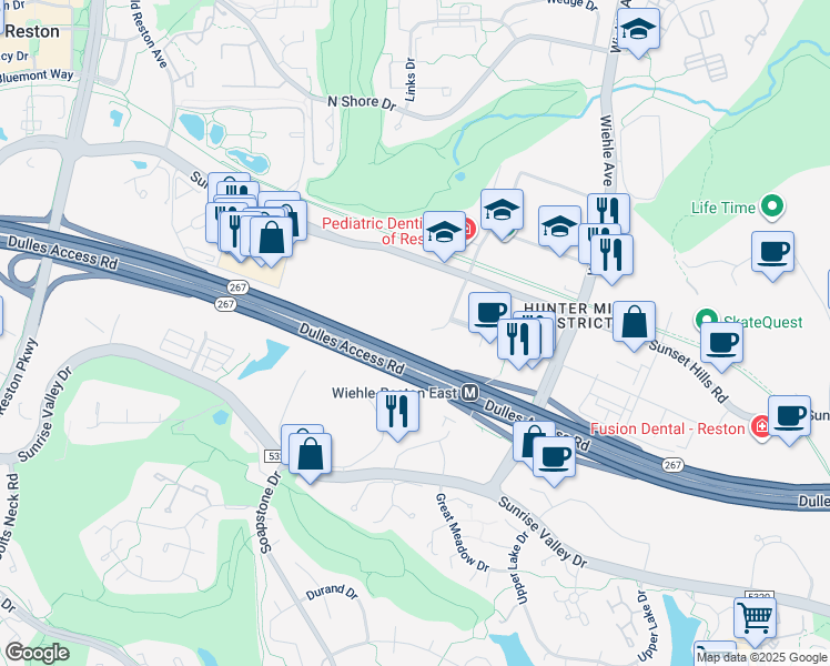 map of restaurants, bars, coffee shops, grocery stores, and more near 11445 Sunset Hills Road in Reston