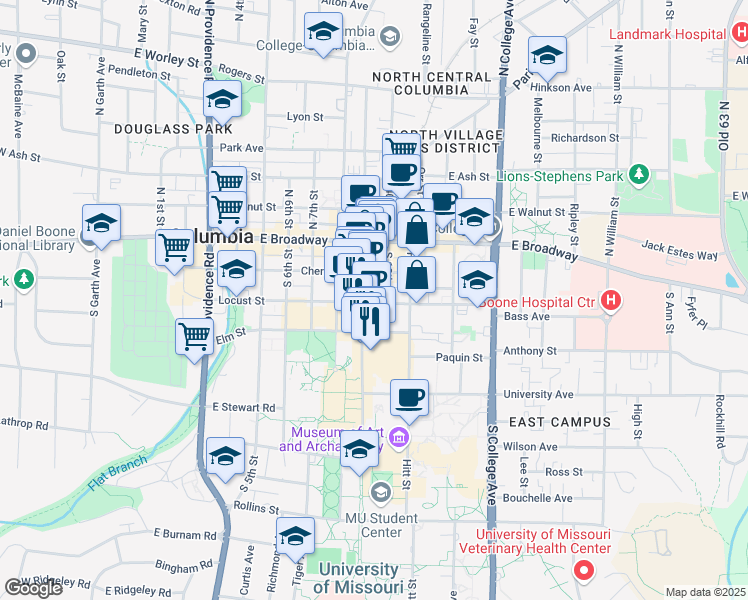 map of restaurants, bars, coffee shops, grocery stores, and more near 915 Locust Street in Columbia