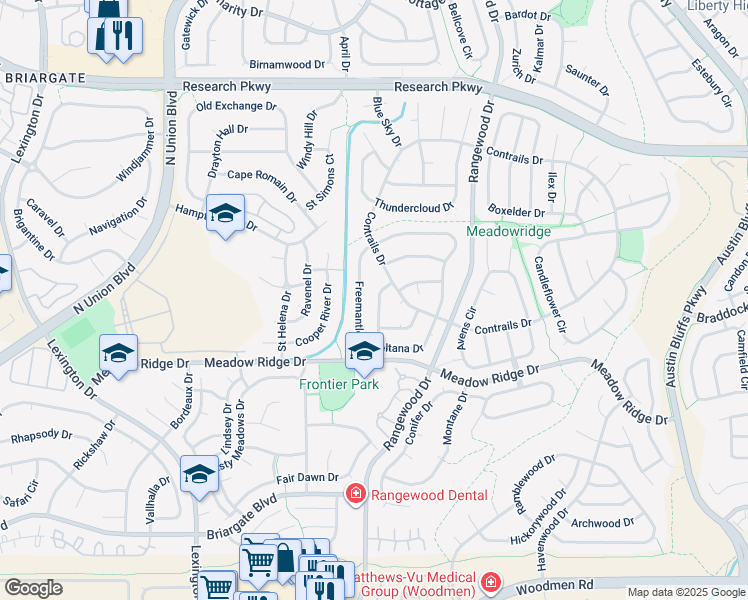 map of restaurants, bars, coffee shops, grocery stores, and more near 8130 Essington Drive in Colorado Springs