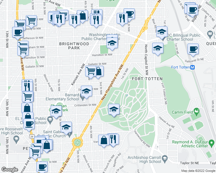 map of restaurants, bars, coffee shops, grocery stores, and more near 4840 New Hampshire Avenue Northwest in Washington