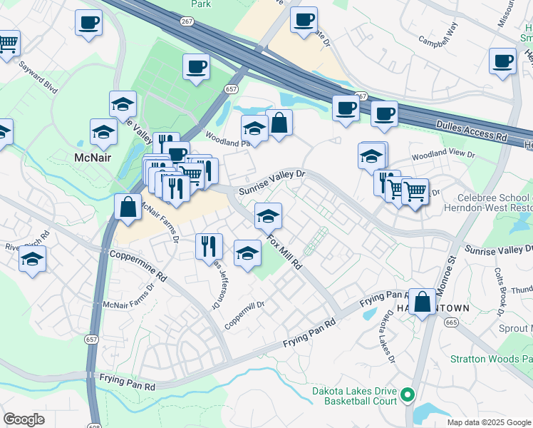map of restaurants, bars, coffee shops, grocery stores, and more near 13161 Fox Hunt Lane in Herndon