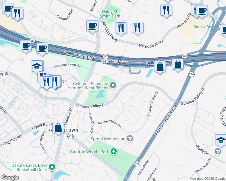 map of restaurants, bars, coffee shops, grocery stores, and more near 12700 Sunrise Valley Drive in Reston