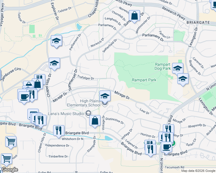 map of restaurants, bars, coffee shops, grocery stores, and more near 2425 Mirage Drive in Colorado Springs