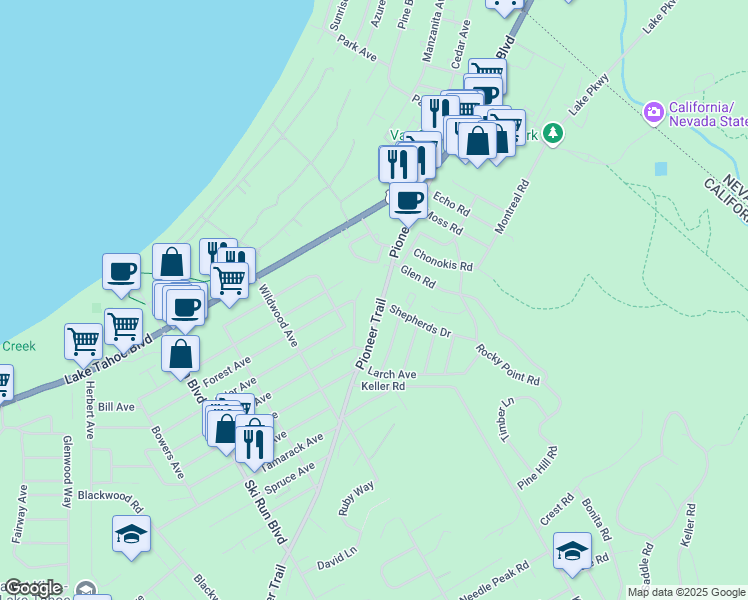 map of restaurants, bars, coffee shops, grocery stores, and more near 1077 Aspenwald Road in South Lake Tahoe