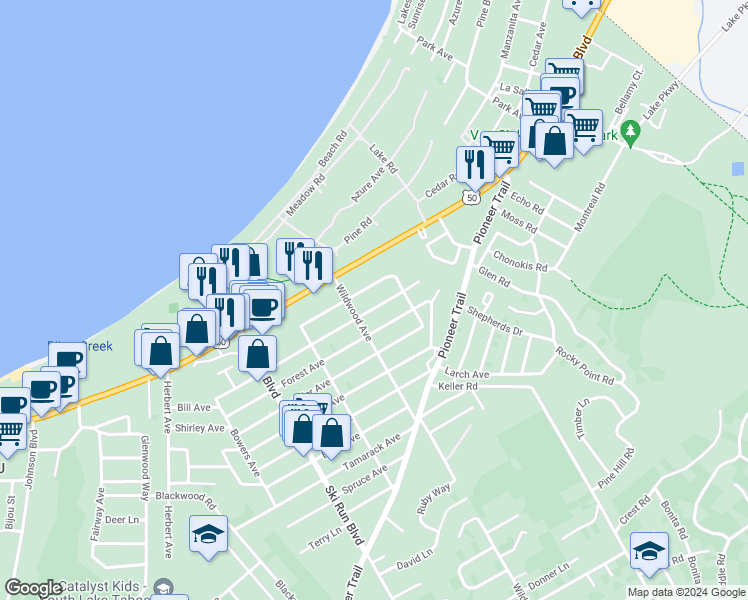 map of restaurants, bars, coffee shops, grocery stores, and more near 3768 Paradise Avenue in South Lake Tahoe