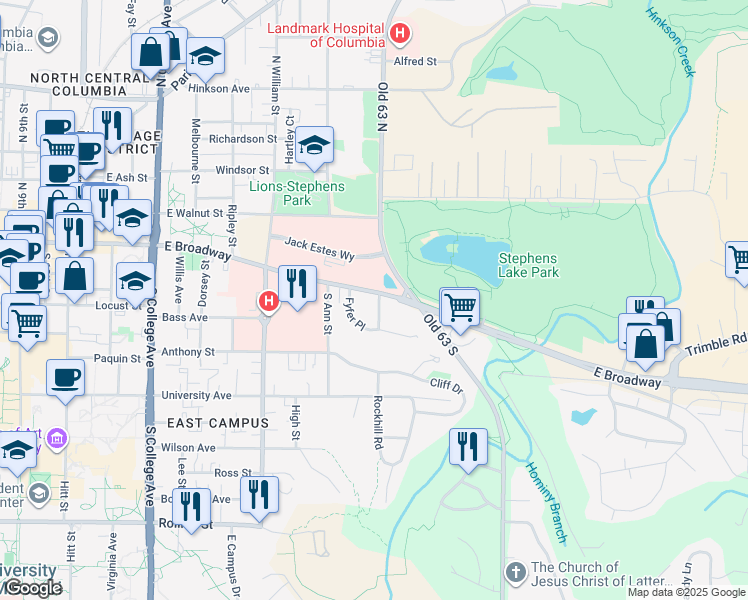 map of restaurants, bars, coffee shops, grocery stores, and more near 108 Fyfer Place in Columbia