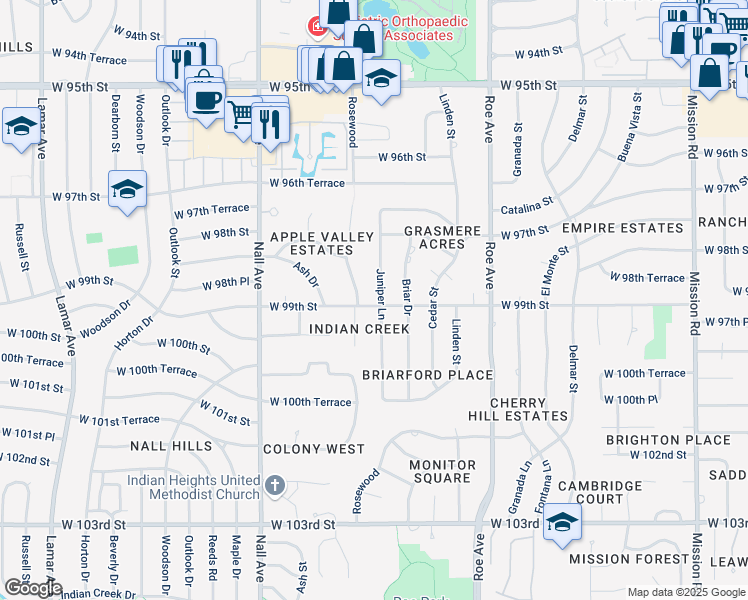 map of restaurants, bars, coffee shops, grocery stores, and more near 9904 Juniper Lane in Overland Park