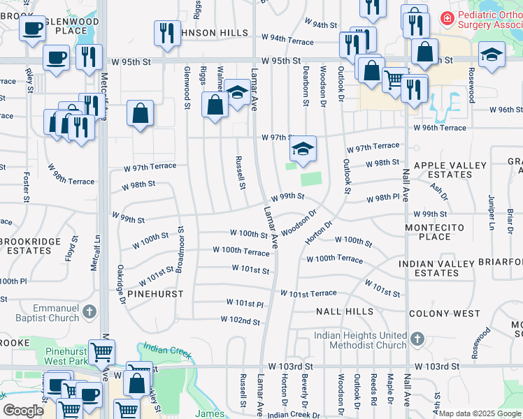 map of restaurants, bars, coffee shops, grocery stores, and more near 9924 Lamar Avenue in Overland Park