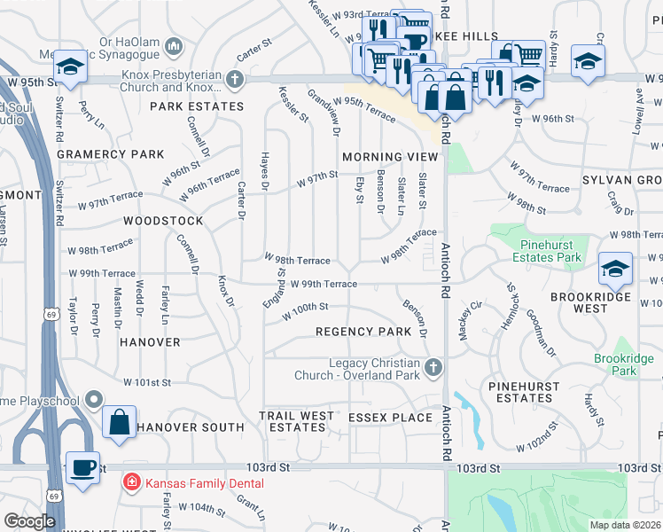 map of restaurants, bars, coffee shops, grocery stores, and more near 9114 West 99th Terrace in Overland Park
