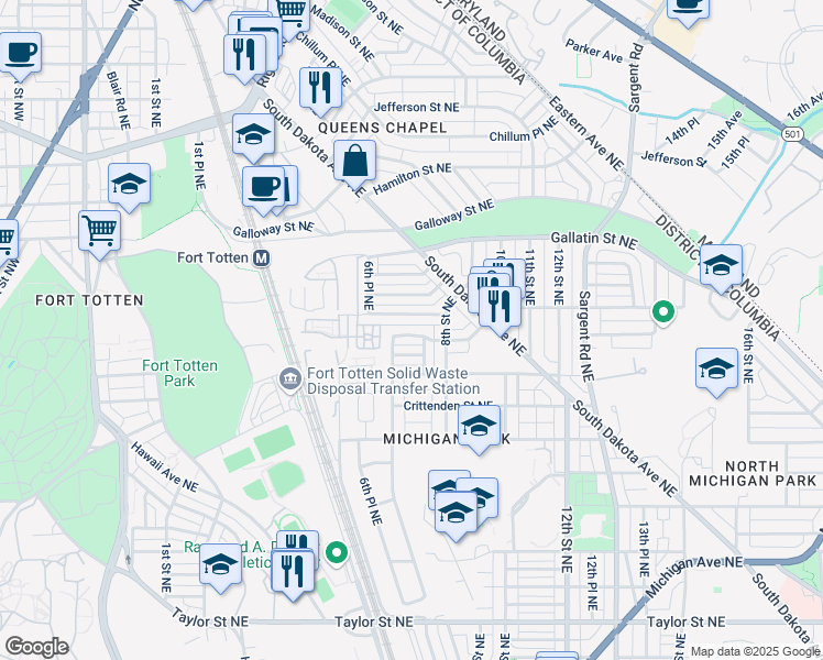 map of restaurants, bars, coffee shops, grocery stores, and more near 724 Delafield Street Northeast in Washington