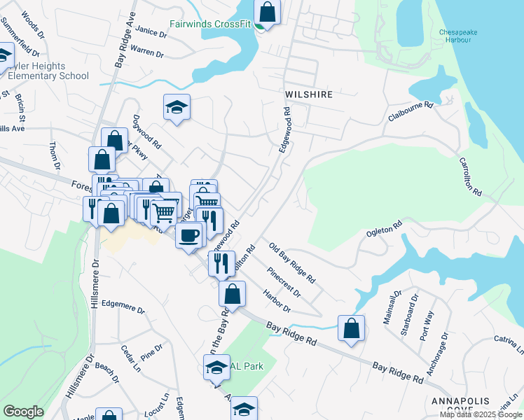 map of restaurants, bars, coffee shops, grocery stores, and more near 975 Breakwater Drive in Annapolis