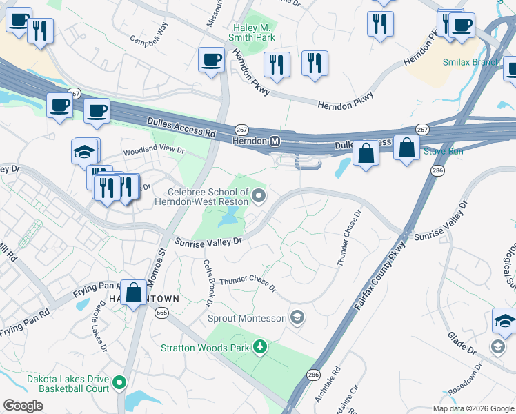 map of restaurants, bars, coffee shops, grocery stores, and more near 12700 Sunrise Valley Drive in Reston