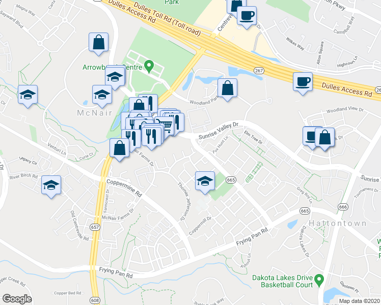 map of restaurants, bars, coffee shops, grocery stores, and more near 2416 Misty Dawn Court in Herndon